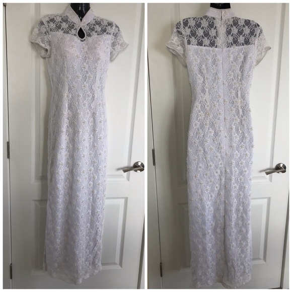 White Hand Beaded Lace Cheongsam QiPao Gown Short Sleeve Dress - Picture 4 of 5